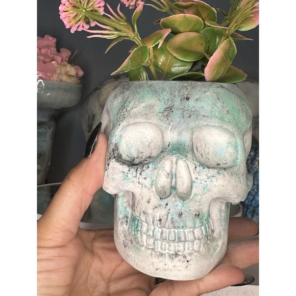 The Unbranded Brand Other - Skull Concrete Plant Pot Black Green Handmade Cement Succulent Planter